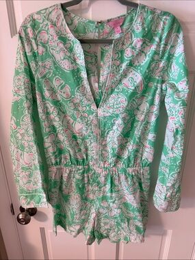 Lilly Pulitzer Women’s Long Sleeve Cotton Romper Beach Bash Glenda Green Small